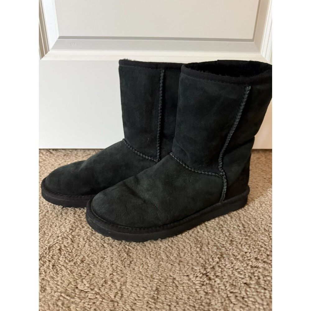 UGG Black Classic Short Leather Upper Boots